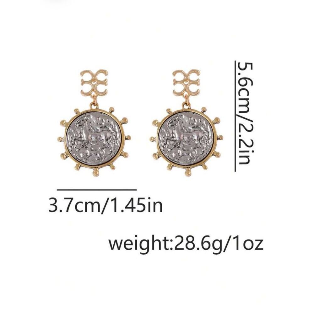 Equestrian Coin Statement Earrings Stainless Steel Gold Horse Medallion - Picture 7 of 7